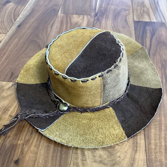 Vintage Suede Leather Patchwork Hat Hippie Western Boho 1970s Cowgirl Floppy main image 14